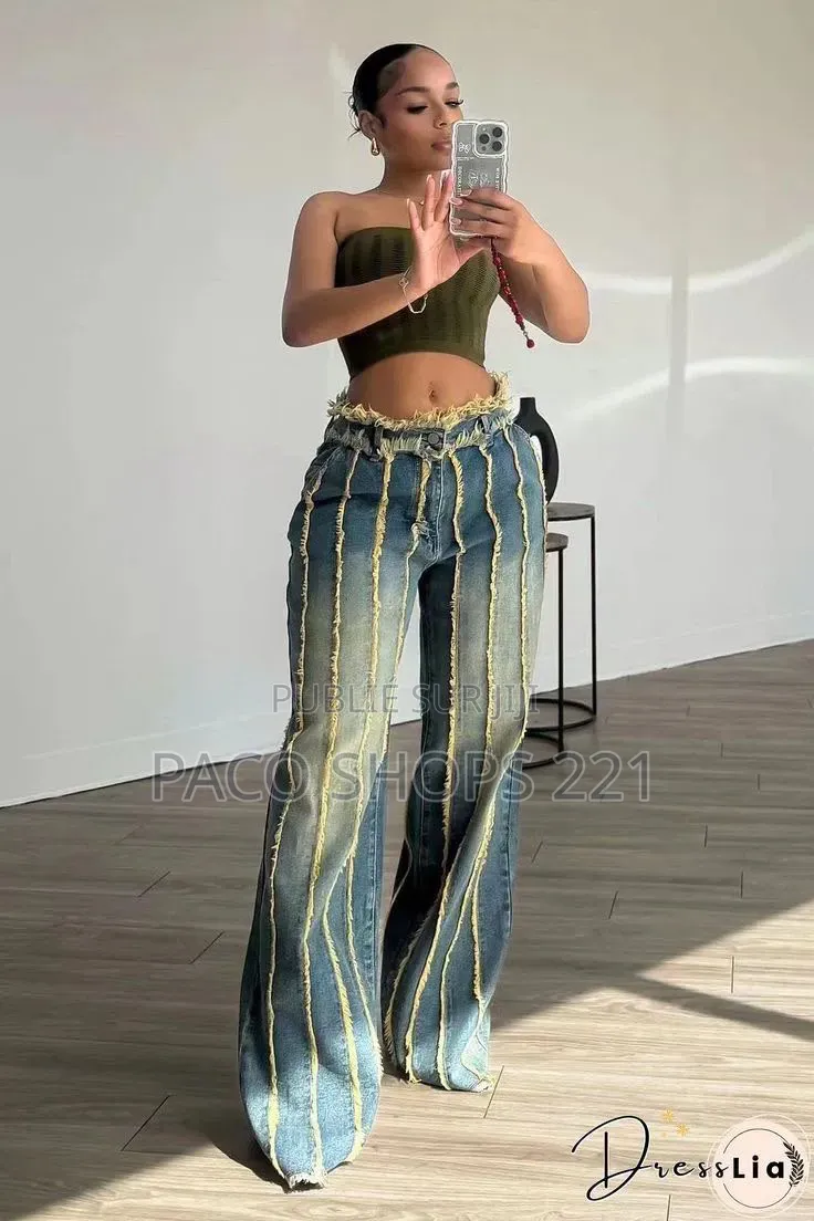 Jean Large Tendance Style Y2K – Bandes Effilochées (Neuf)