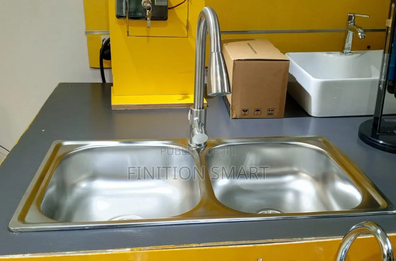 Evier 2 Bacs Chromé Avec Robinet Mitigeur Extractible