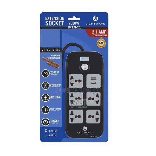 Surge LW EXT‐52U 3 M – Multiprise 5 Prises Universelles + 2 Ports USB