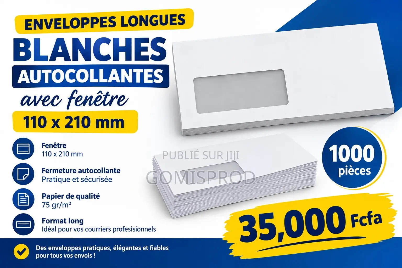 Enveloppes Longues Blanches Autocollantes Avec Fenêtre 110 X 210 Mm