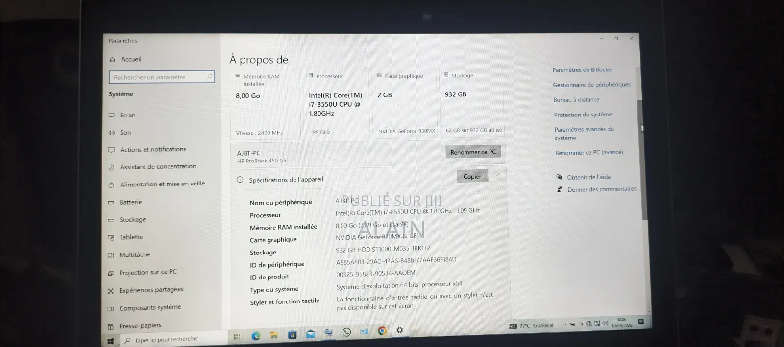 Ordinateur portable HP ProBook 450 G5 8GB Intel Core i7 SSD 1T