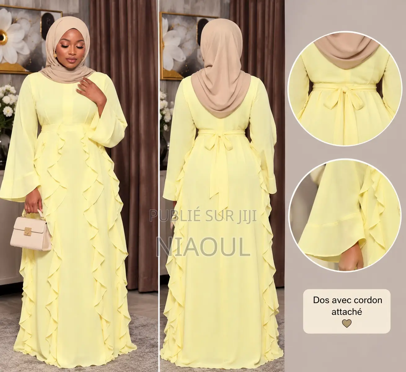 Robe Longue Jaune Chic À Volants Avec Ceinture