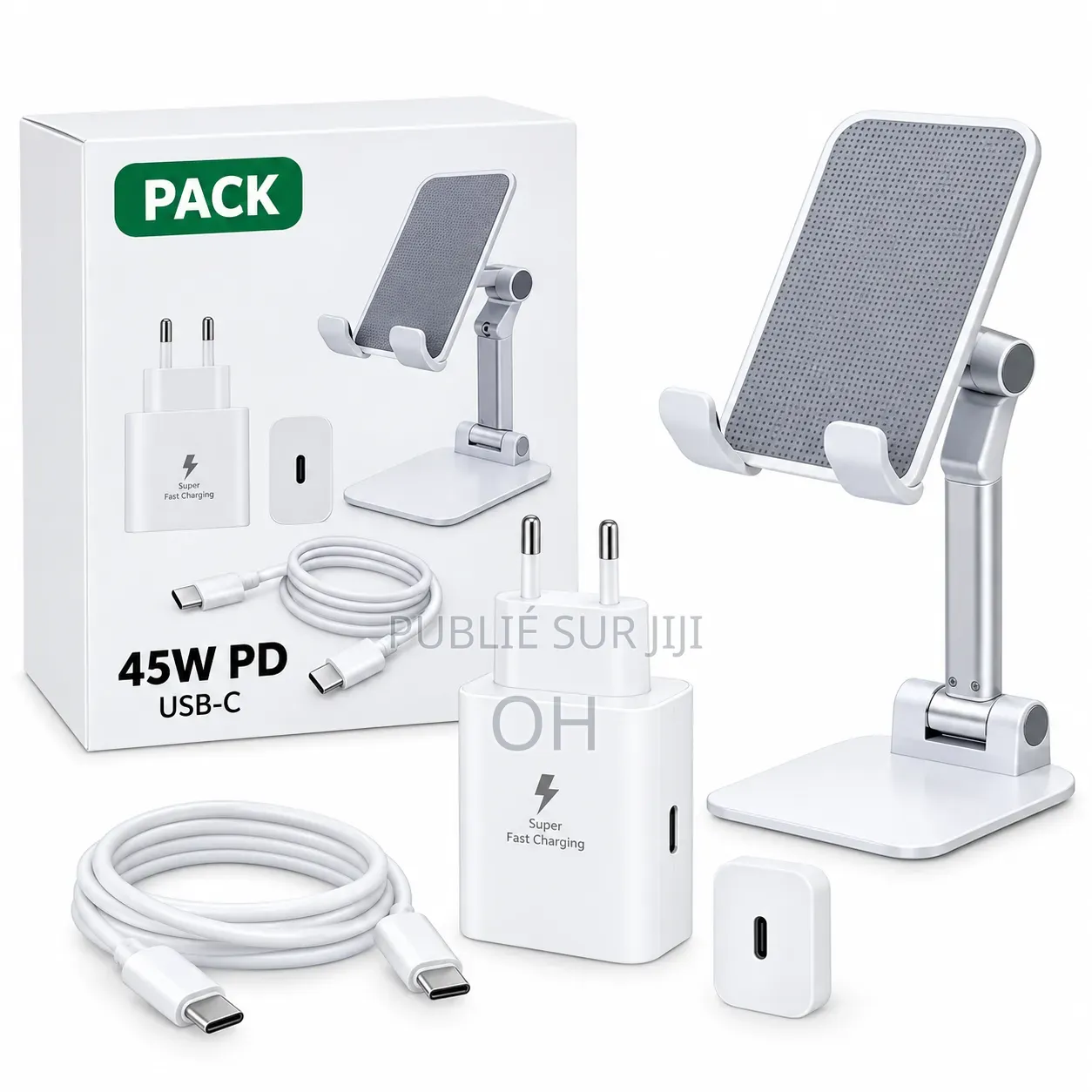 Pack Chargeur Rapide 45W PD USB-C + Support Téléphone Pliable – Blanc