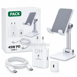 Pack Chargeur Rapide 45W PD USB-C + Support Téléphone Pliable – Blanc