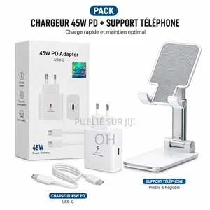 Pack Chargeur Rapide 45W PD USB-C + Support Téléphone Pliable – Blanc