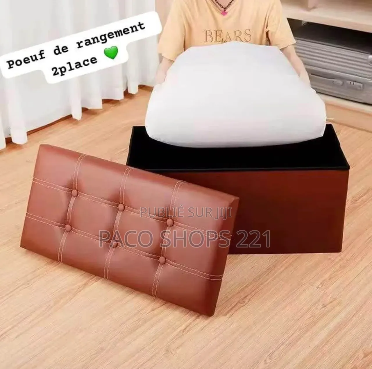 Pouf De Rangement 2 Places en Simili Cuir Capacité 300kg
