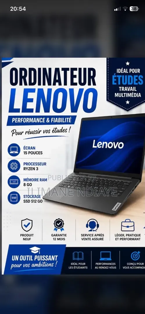 Nouveau Ordinateur portable Lenovo V15 G4 8GB AMD Ryzen 3 SSD 512GB