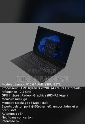 Nouveau Ordinateur portable Lenovo V15 G4 8GB AMD Ryzen 3 SSD 512GB