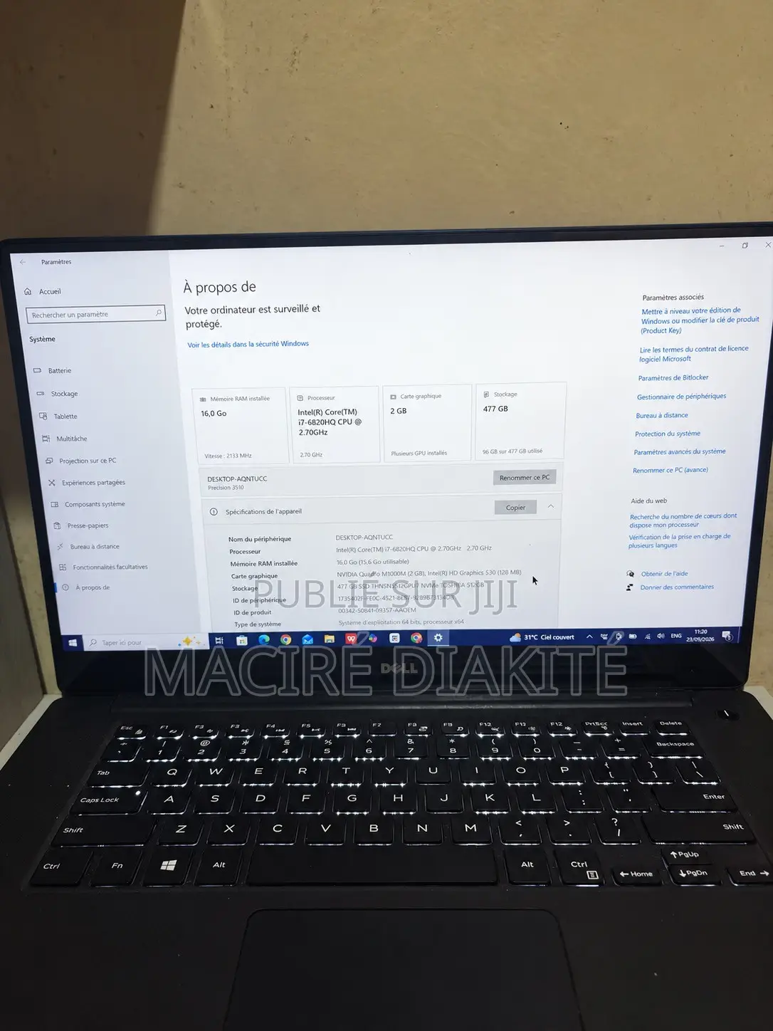 Ordinateur portable Dell Precision 15 5510 16GB Intel Core i7 SSD 500GB