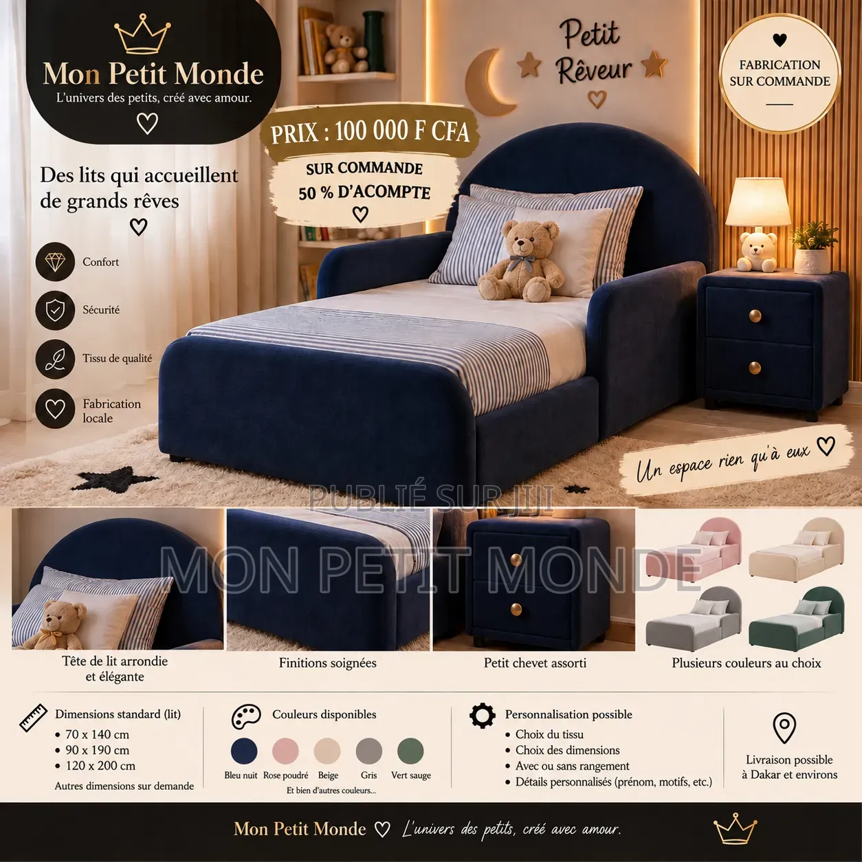 Lit Garçon + Chevet Assorti – Sur Commande