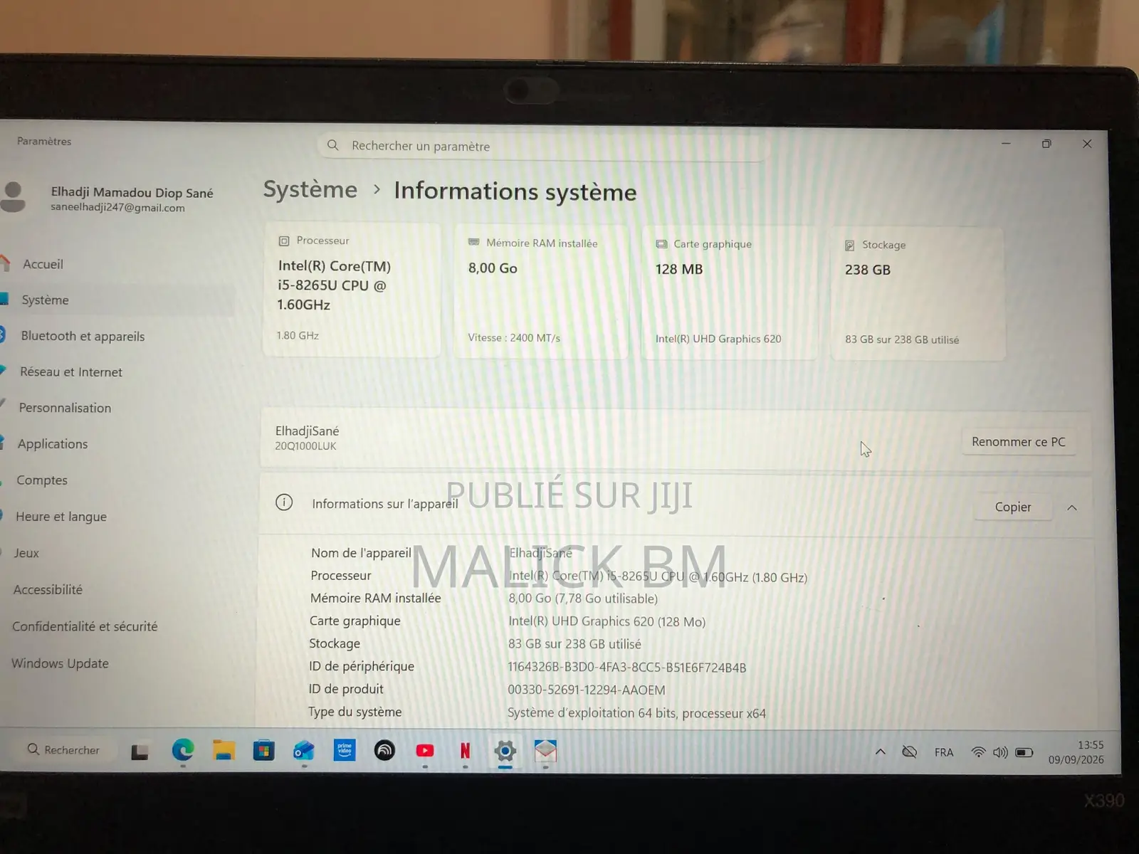 Ordinateur portable Lenovo ThinkPad X390 8GB Intel Core i5 SSD 256GB