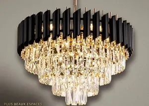 Lustre Chandelier De Luxe en Cristal & Métal Noir