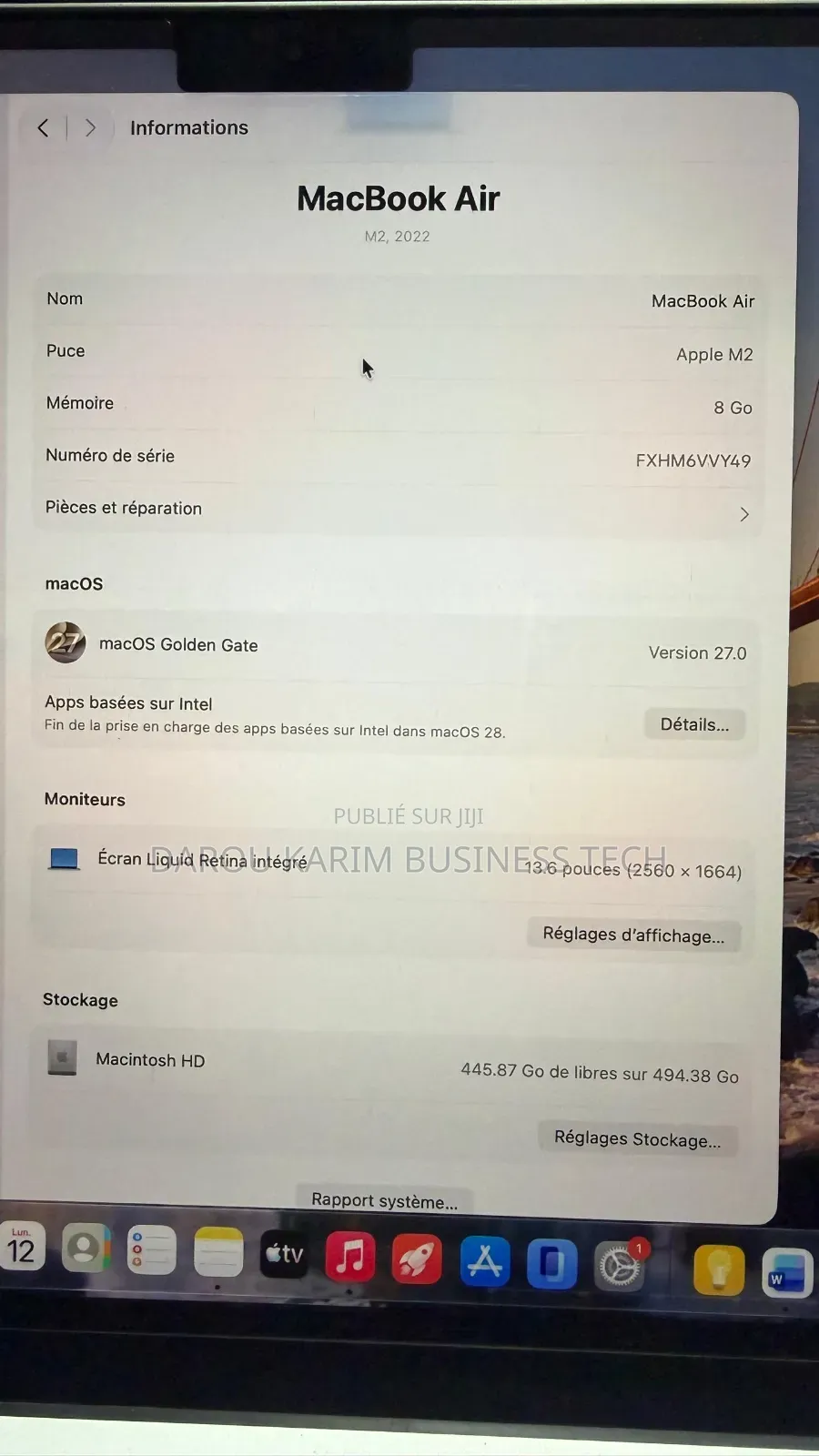 Nouveau Apple MacBook Air 2022 M2 8GB Apple M2 SSD 512GB