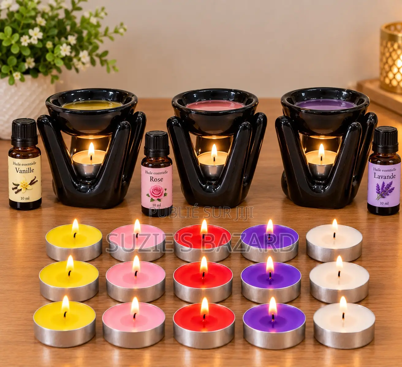 Coffret Senteur Brûle‐parfum, 15 Bougies & 2 Huiles (Noir / Blanc)