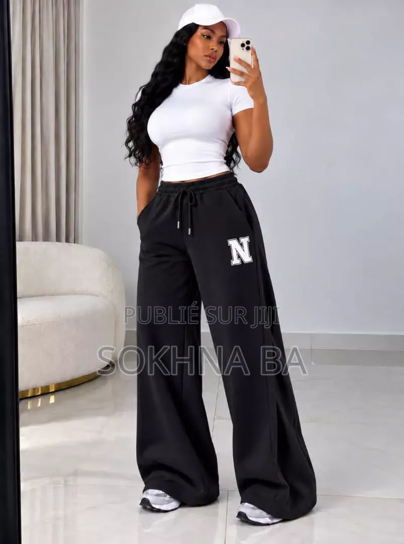 Pantalon Palazzo Jogging Large Lettre N Taille Haute Femme