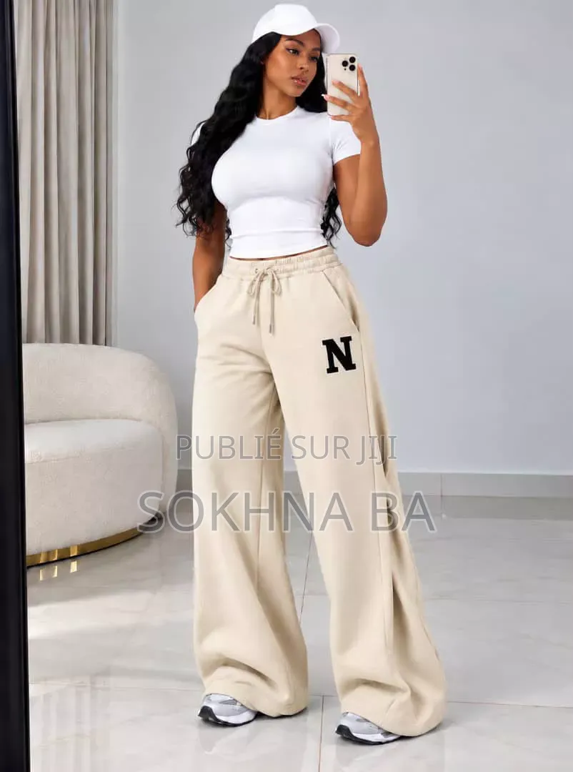 Pantalon Palazzo Jogging Large Lettre N Taille Haute Femme