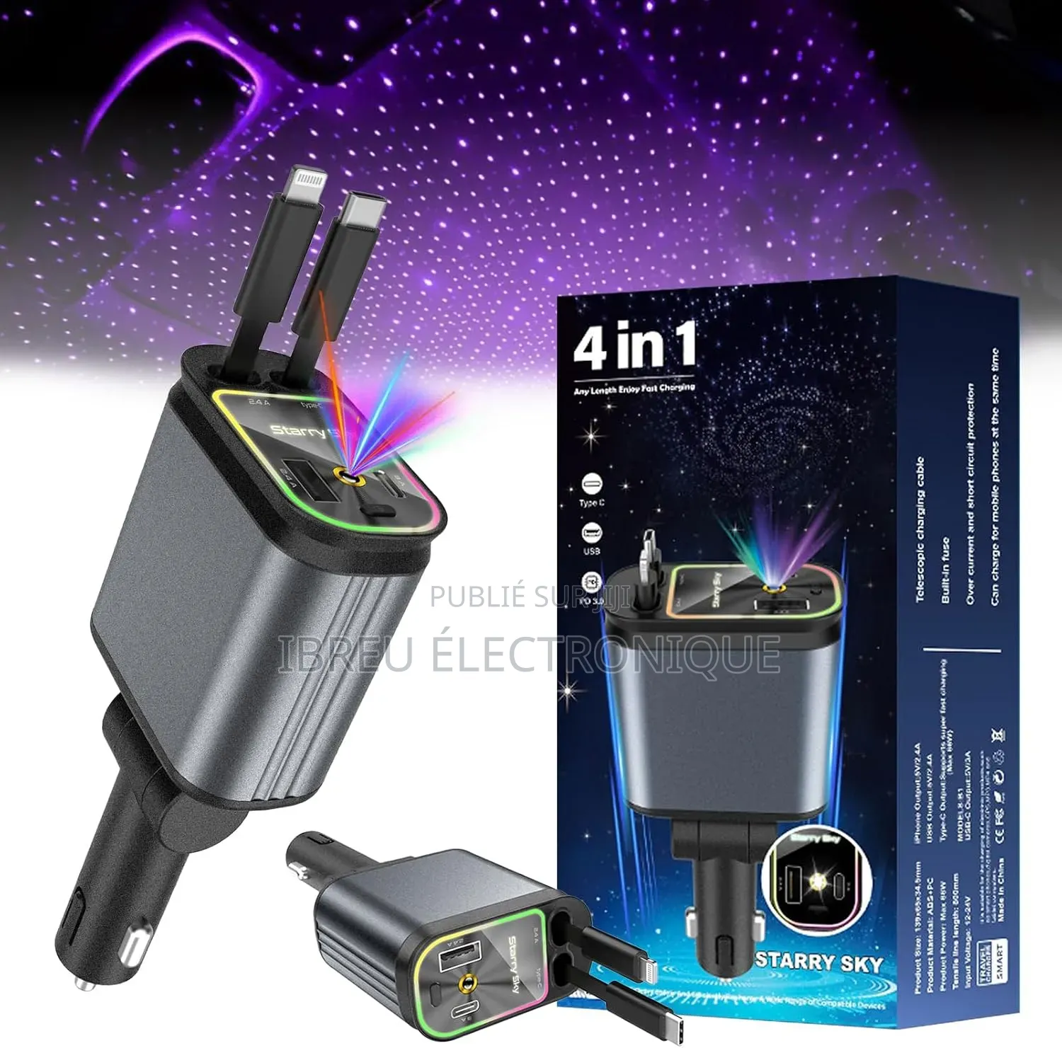 CHARGEUR ALLUME-CIGARE 4 EN 1 – Avec Cable Rétractabl