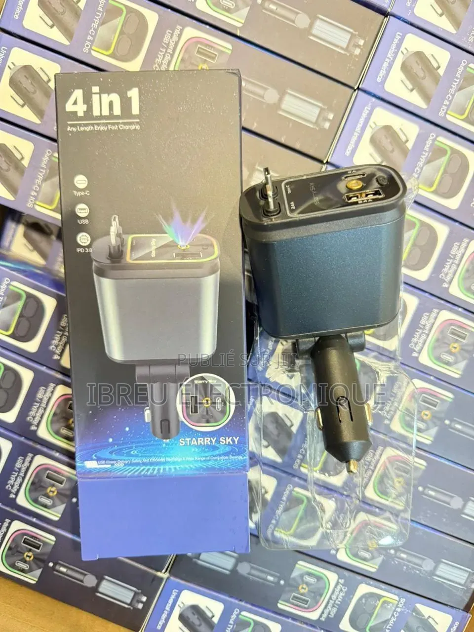 CHARGEUR ALLUME-CIGARE 4 EN 1 – Avec Cable Rétractabl