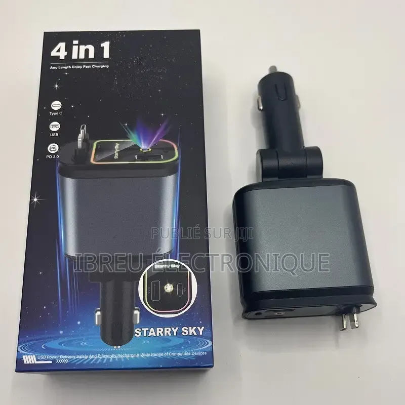 CHARGEUR ALLUME-CIGARE 4 EN 1 – Avec Cable Rétractabl