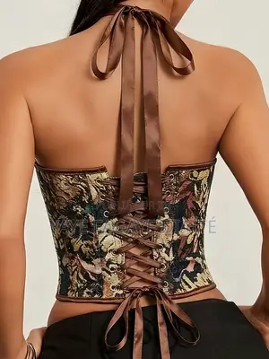 Corset Bustier Femme Imprimé Vintage – Dos Lacé Ajustable
