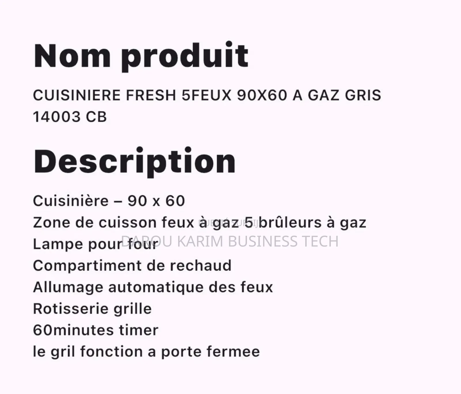 .Cuisinière Fresch 5 Feux