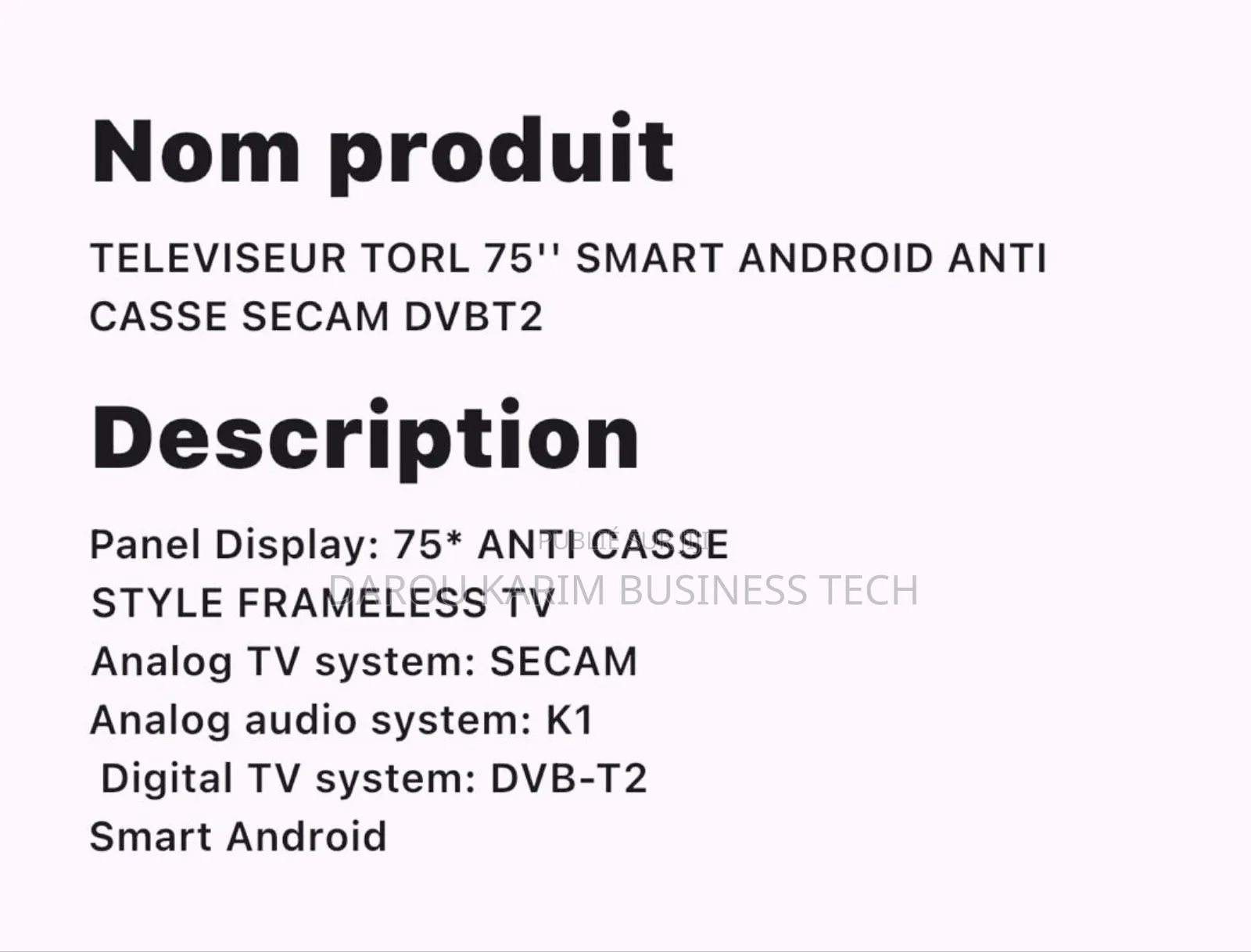 Télévision TORL 75' SMART GOOGLE TV Anti Casse Secam