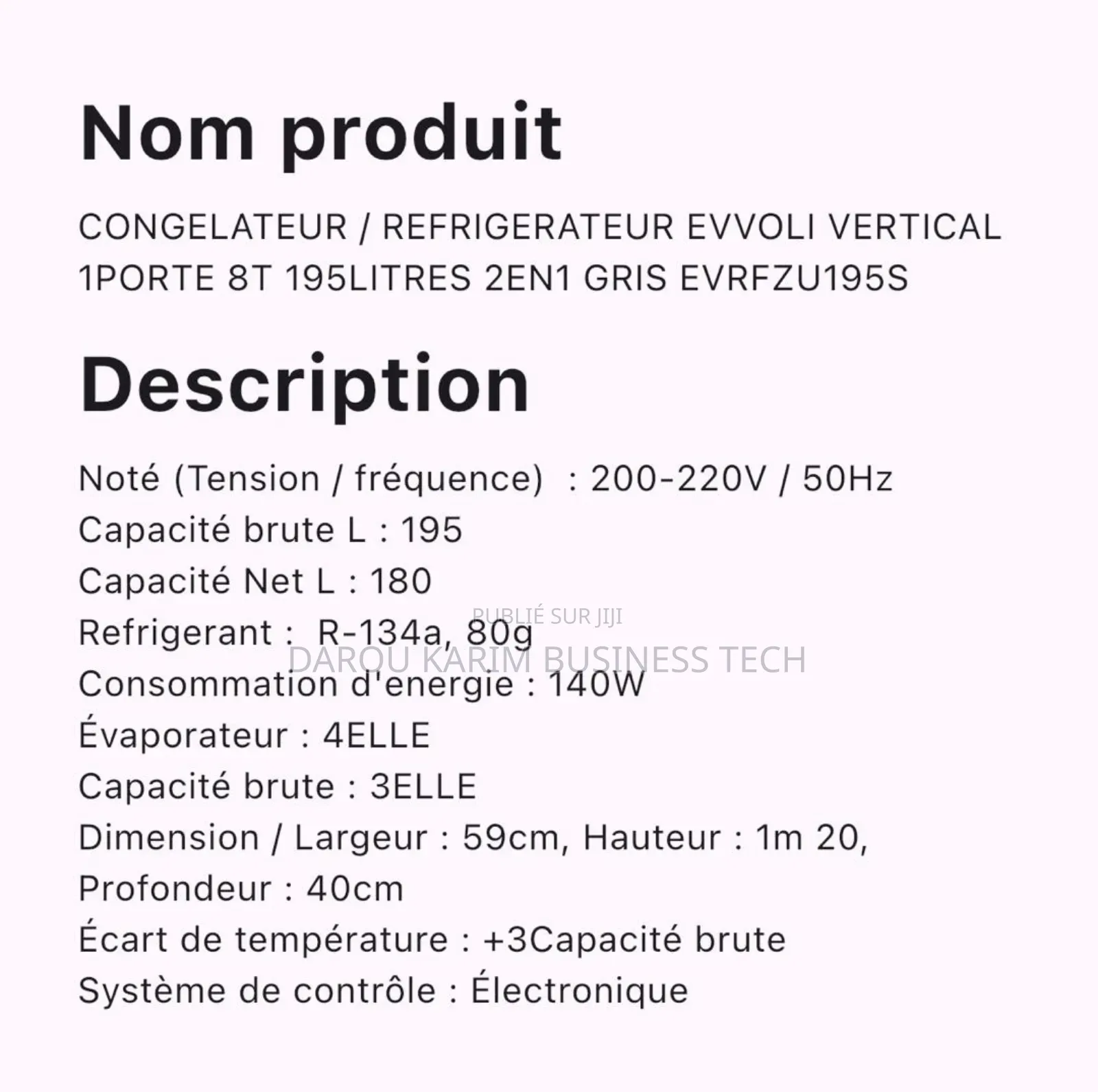 Congelateur / Refrigerateur Evvoli Vertical 1porte 8t 195lit