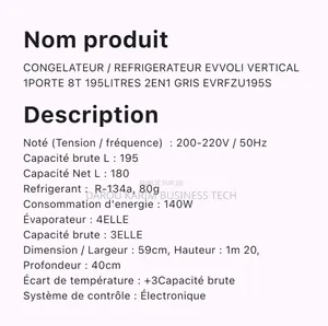Congelateur / Refrigerateur Evvoli Vertical 1porte 8t 195lit