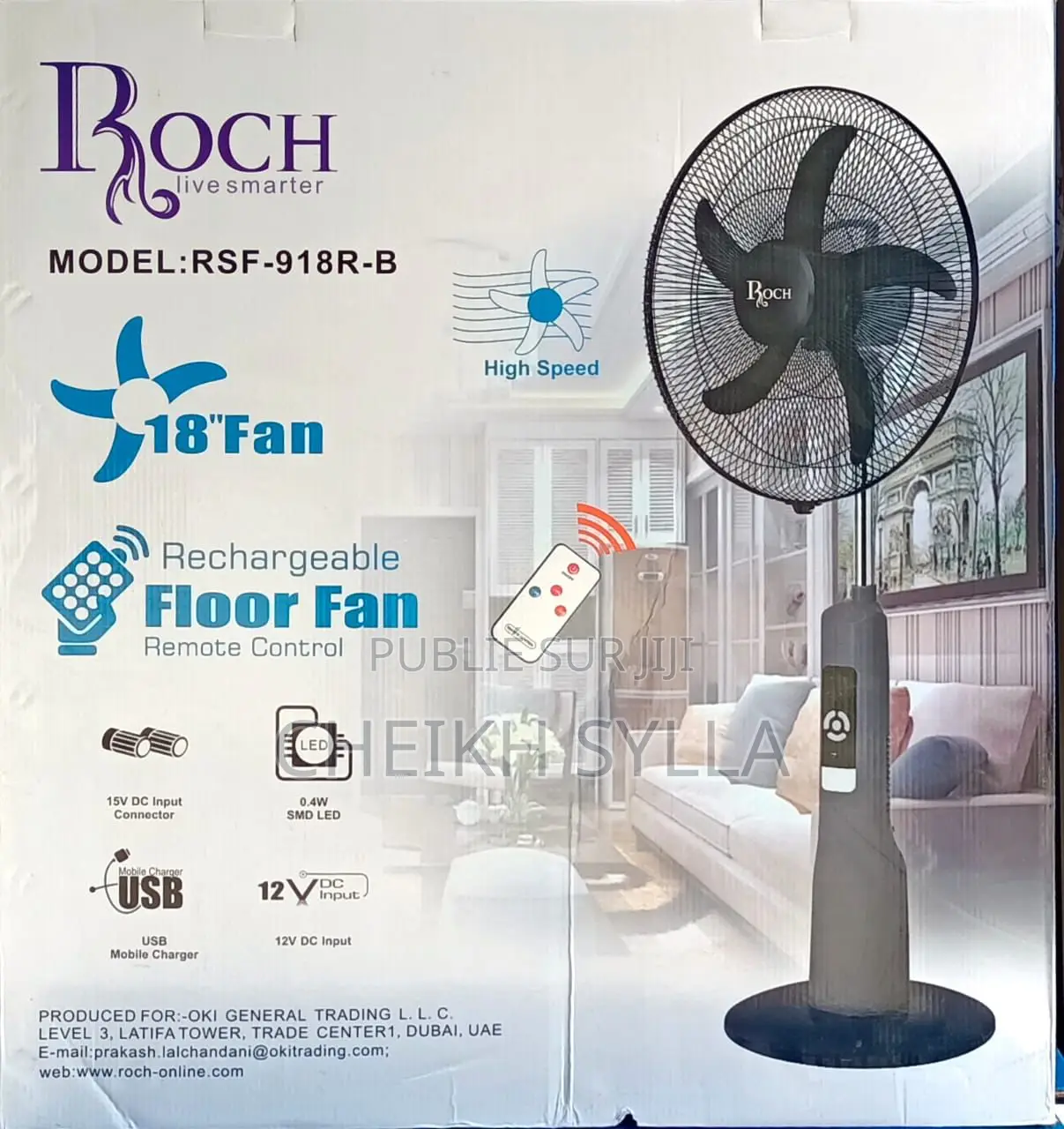 Ventilateur Rechargeable Roch 18" Avec Télécommande