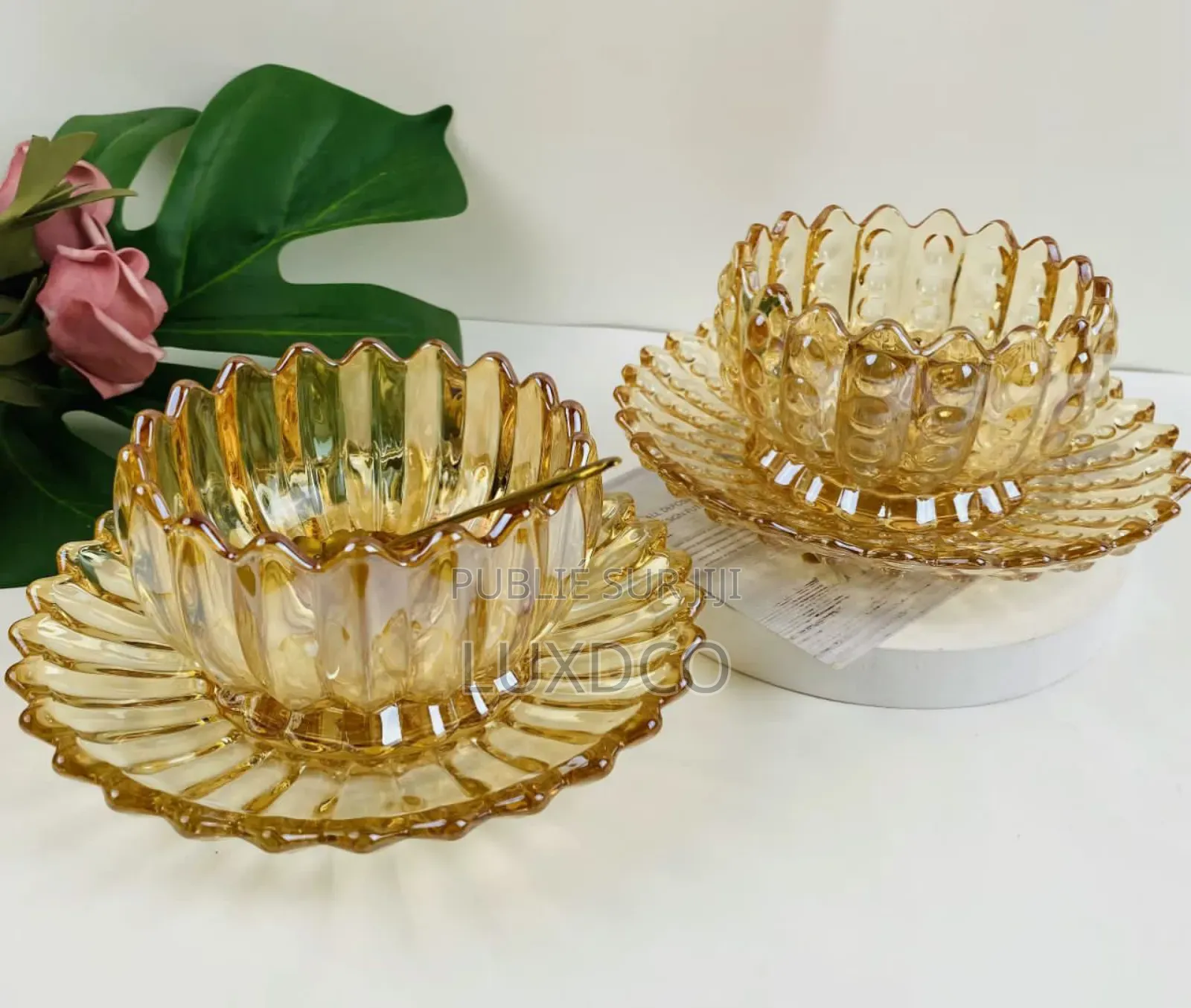 Ensemble Bol Saladier 12 Pièces en Verre Transparent Et Doré