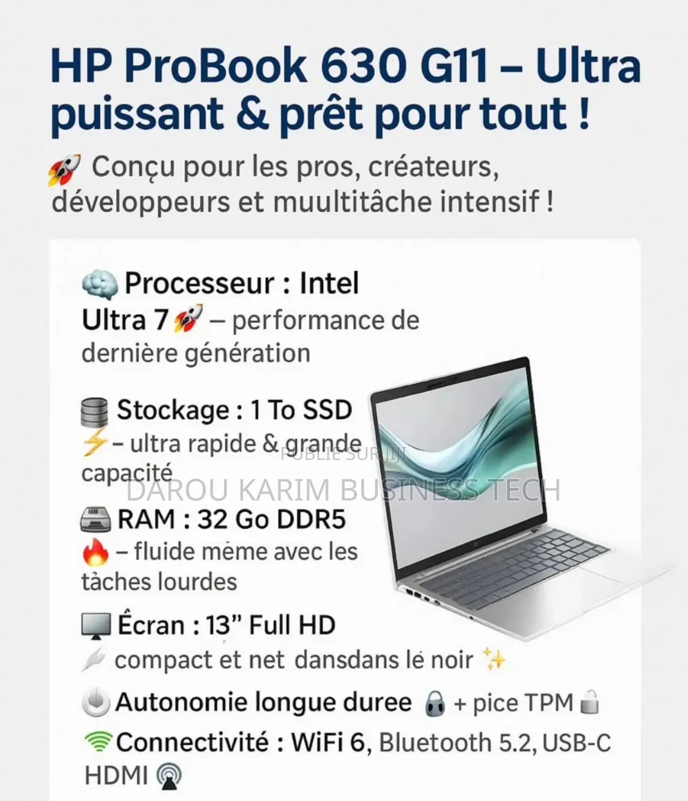 New Ordinateur portable HP 630 32GB Intel Core Ultra 7 SSD 1T