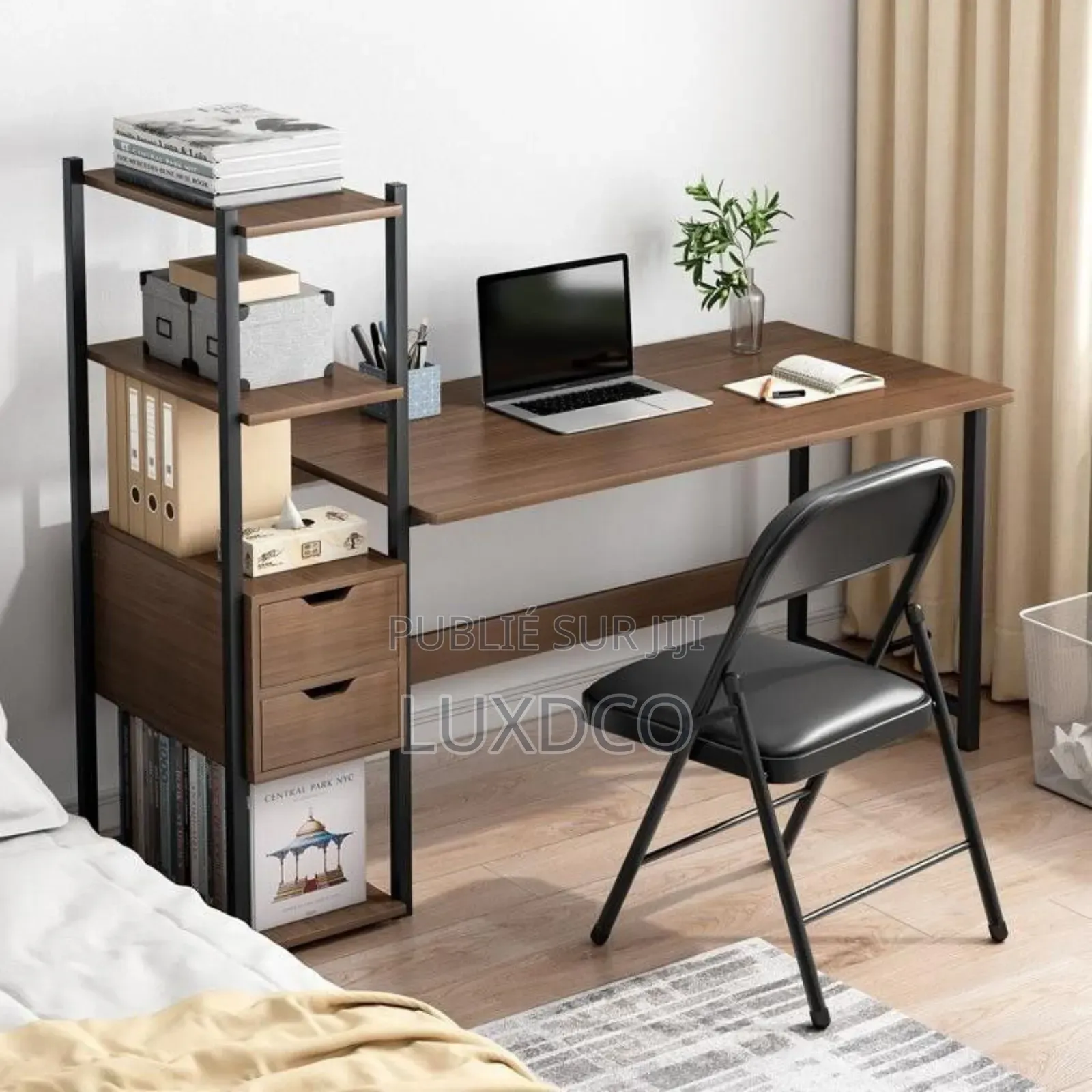 Table Bureau d'Ordinateur en Bois Contour en Fer.