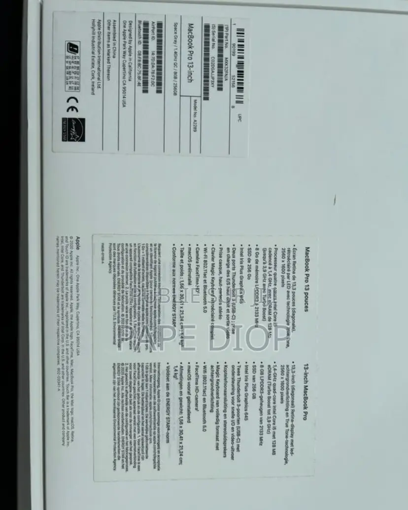 Ordinateur Portable Pomme MacBook Pro 2020 8GB Intel Core I5 SSD 256GB