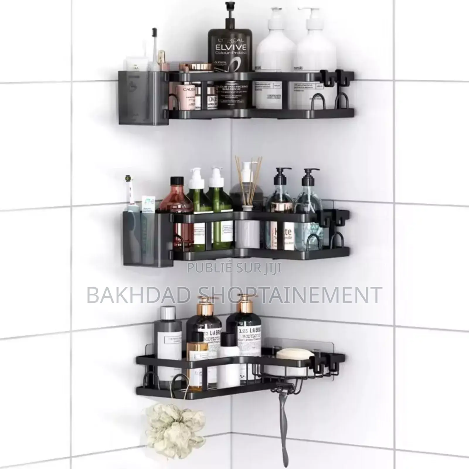  Étagère Murale De Douche – 3 Niveaux en Métal Noir