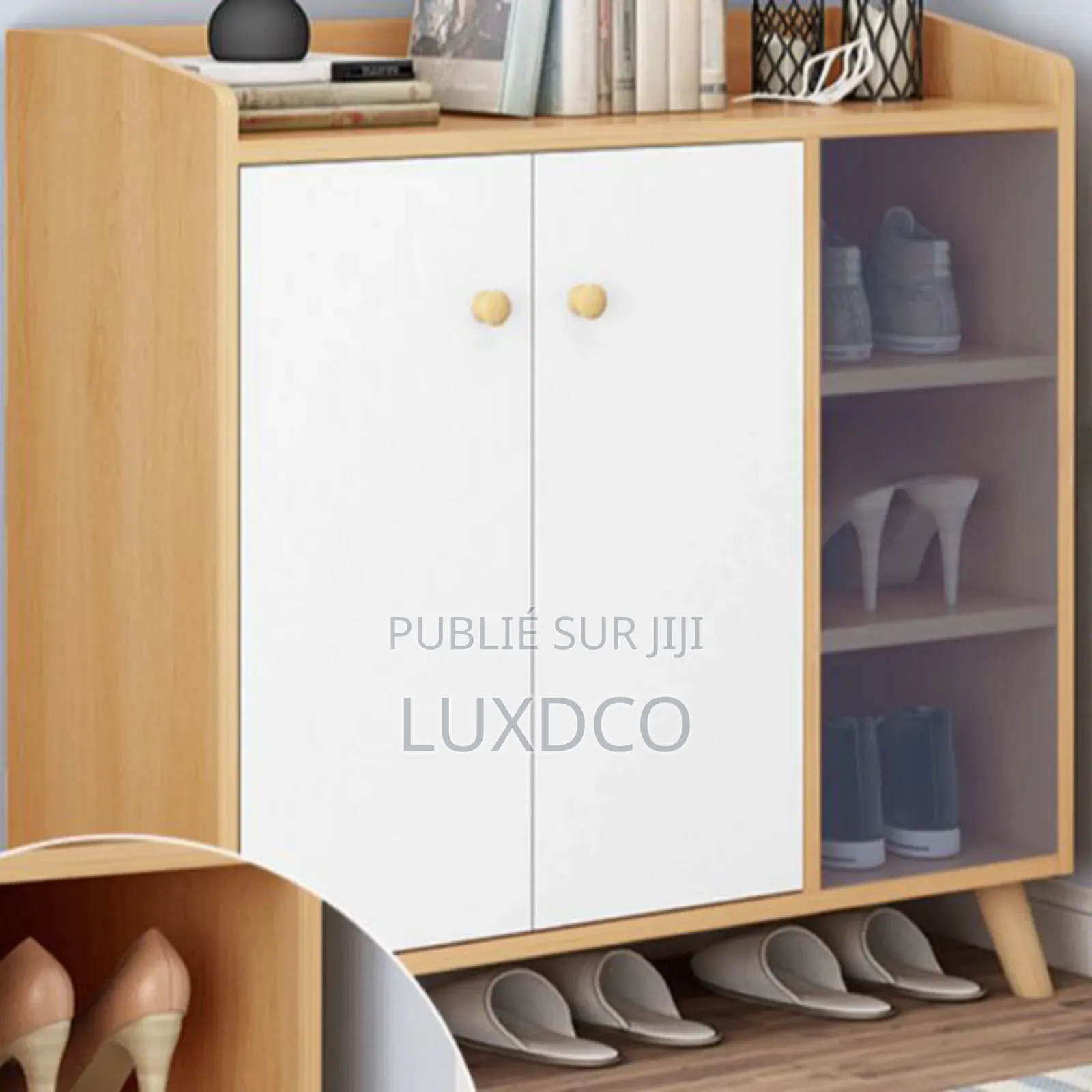 Console Range Chaussures Avec Porte Et Pieds en Bois.