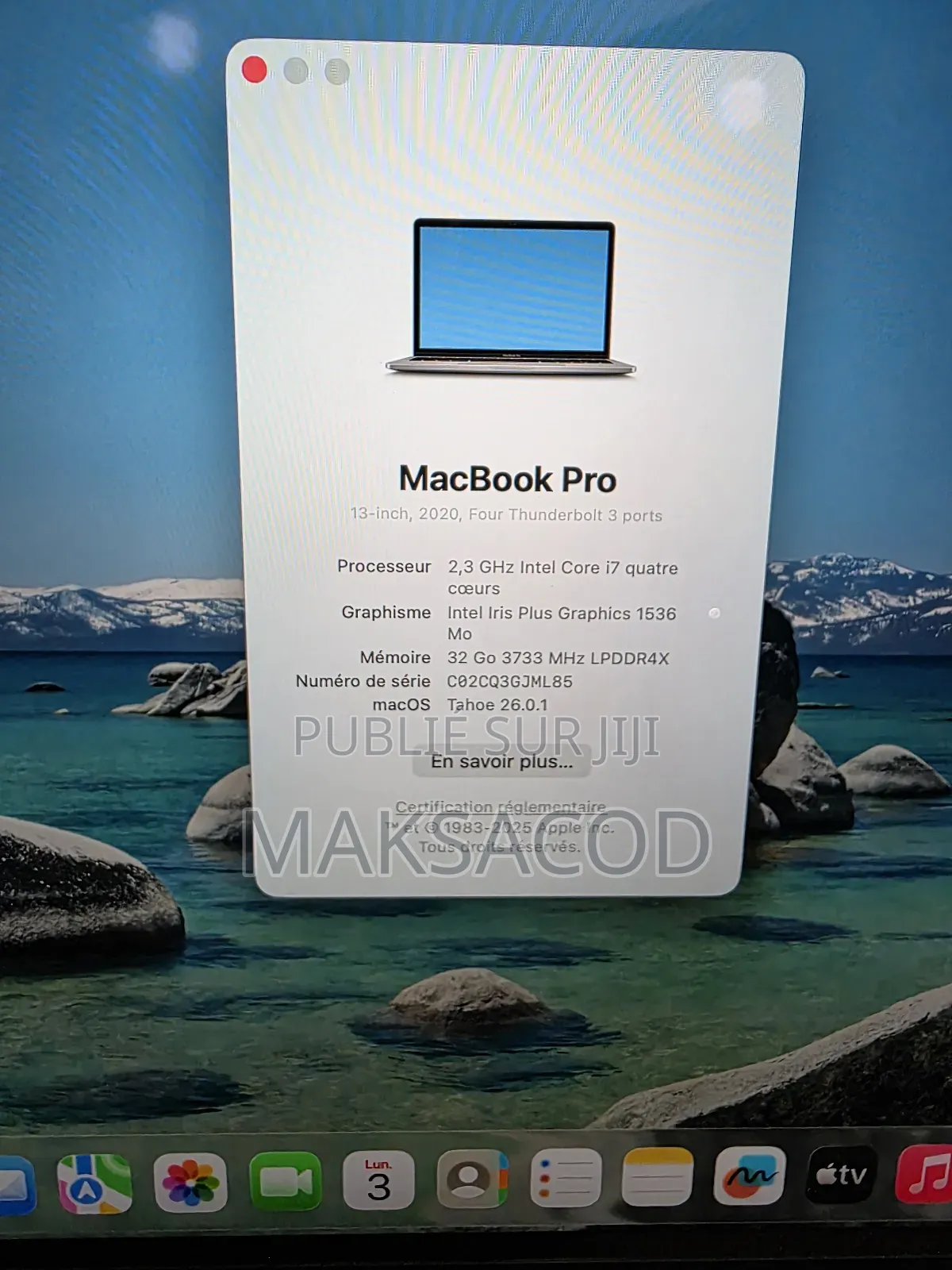 Ordinateur Portable Apple MacBook Pro 2020 32GB Intel Core I7 SSD 512GB