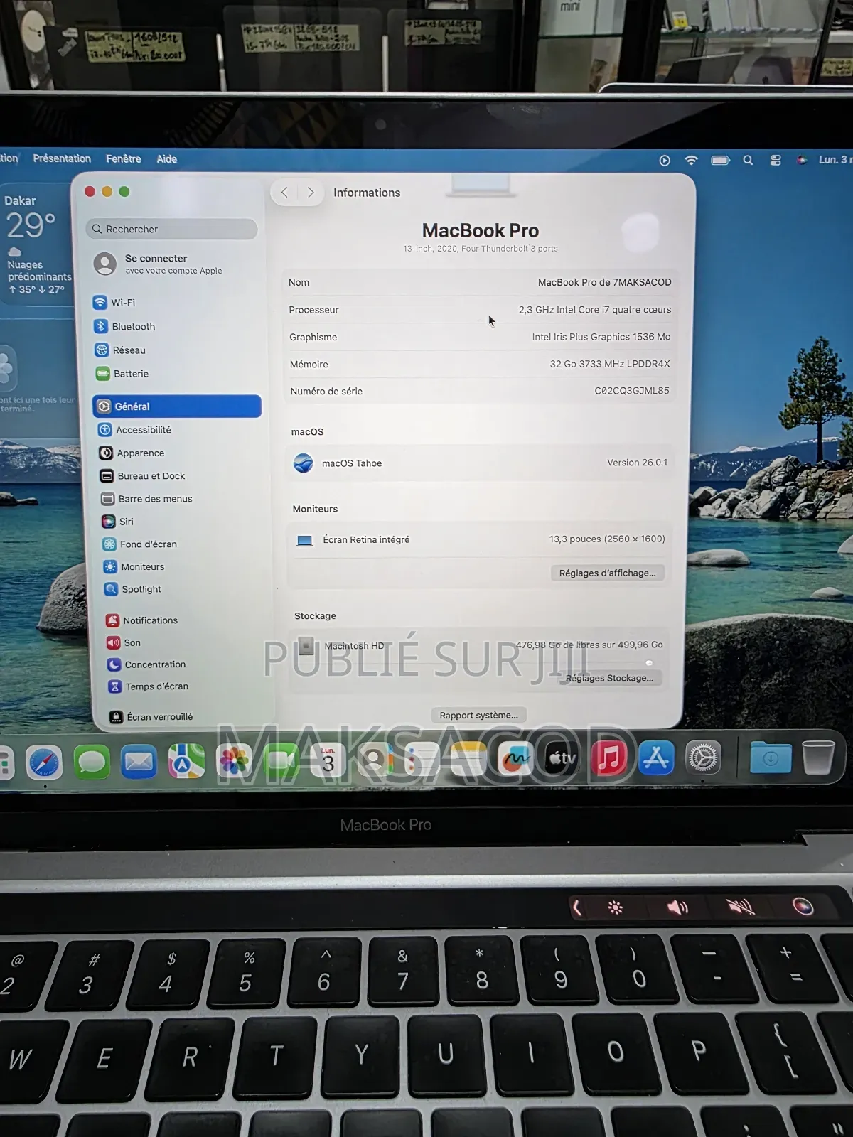 Ordinateur Portable Apple MacBook Pro 2020 32GB Intel Core I7 SSD 512GB