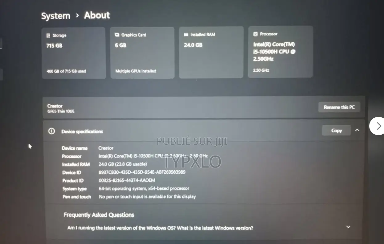 Ordinateur portable MSI GF65 Thin 10UE 24GB Intel Core i5 SSD 750GB