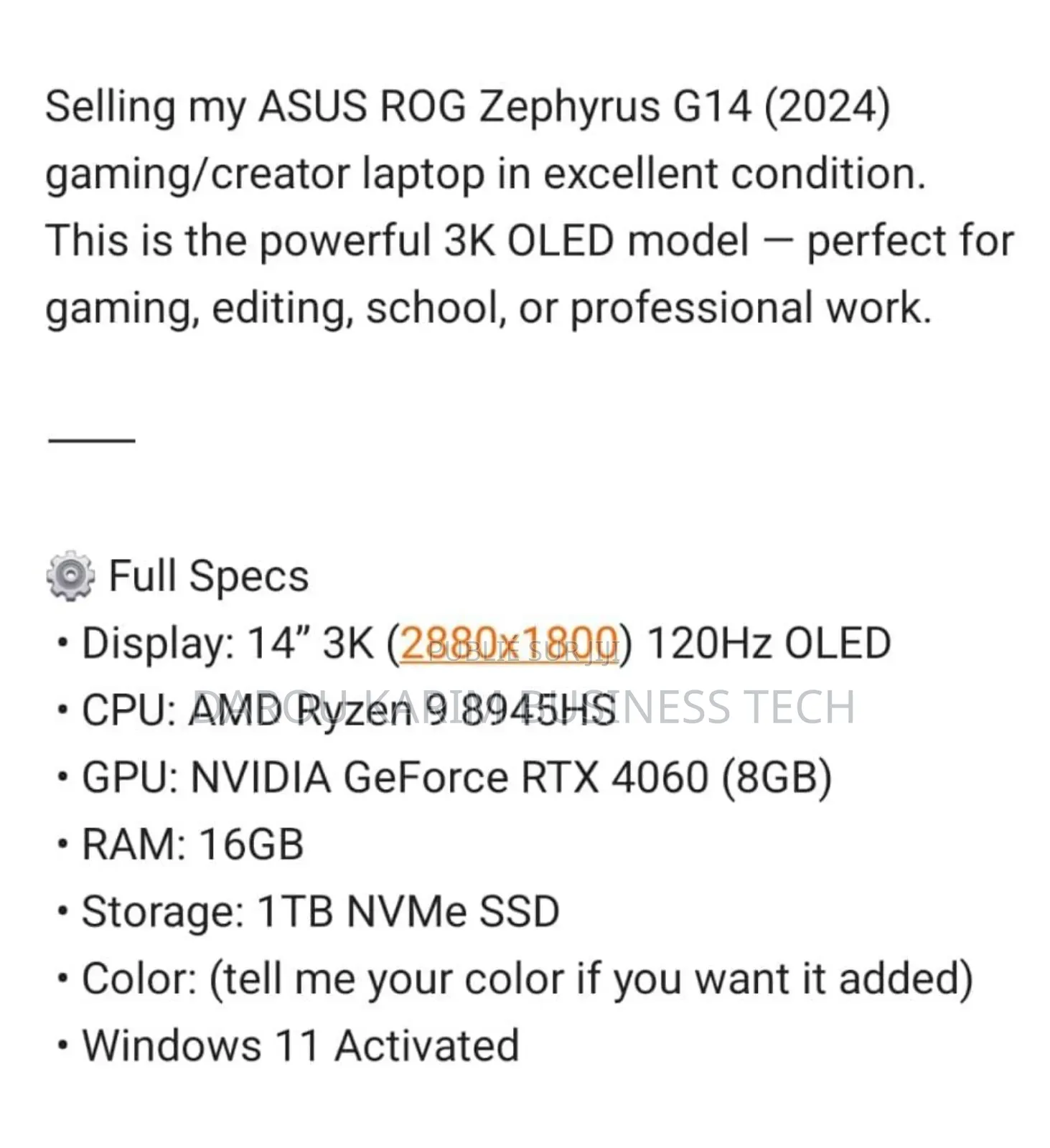 New Ordinateur Portable Asus ROG Zephyrus G14 16GB AMD Ryzen 9 SSD 1T