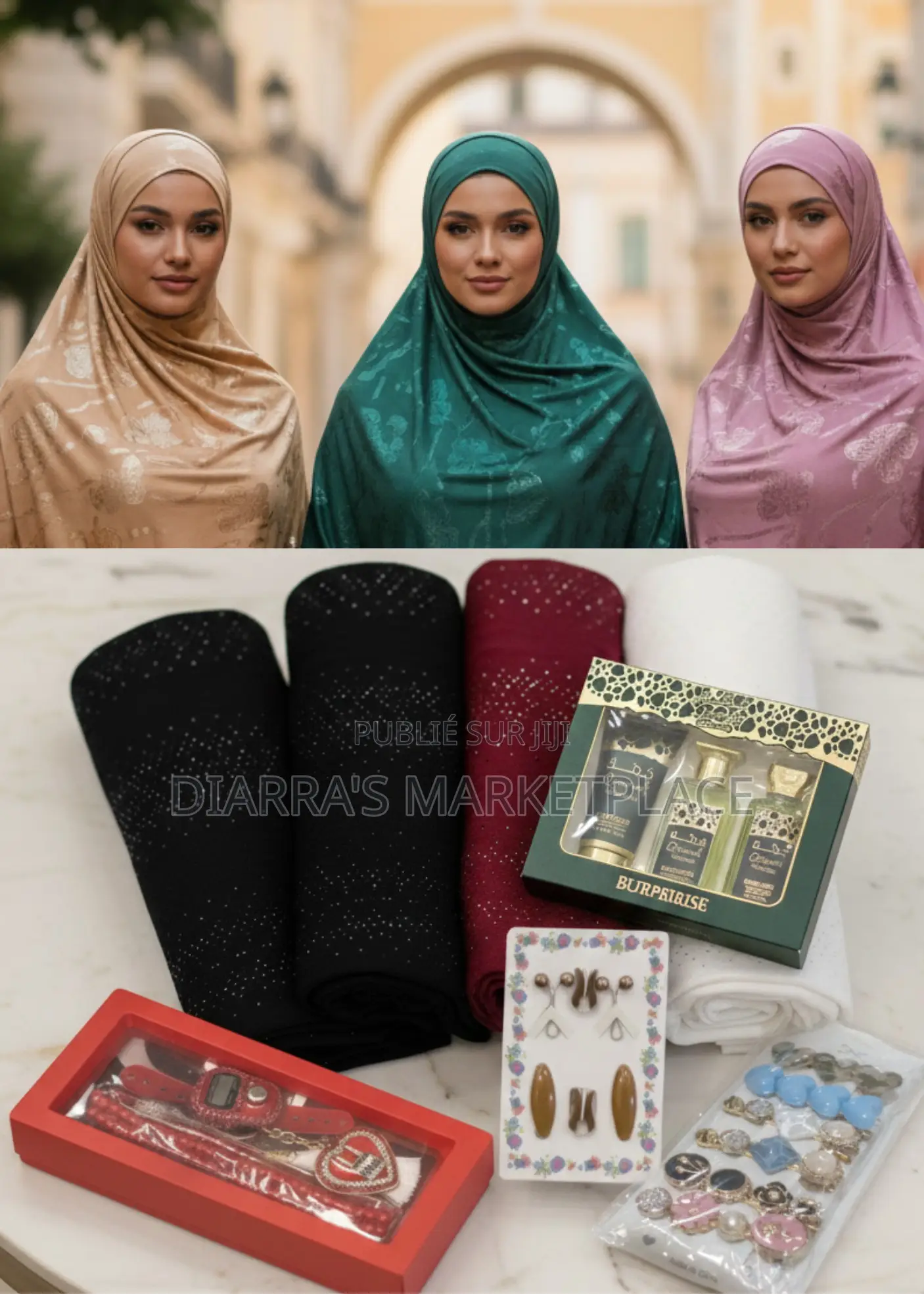 Coffret Hijab Luxe:Voiles Motif Floral, Coffret Parfumé Accessoires