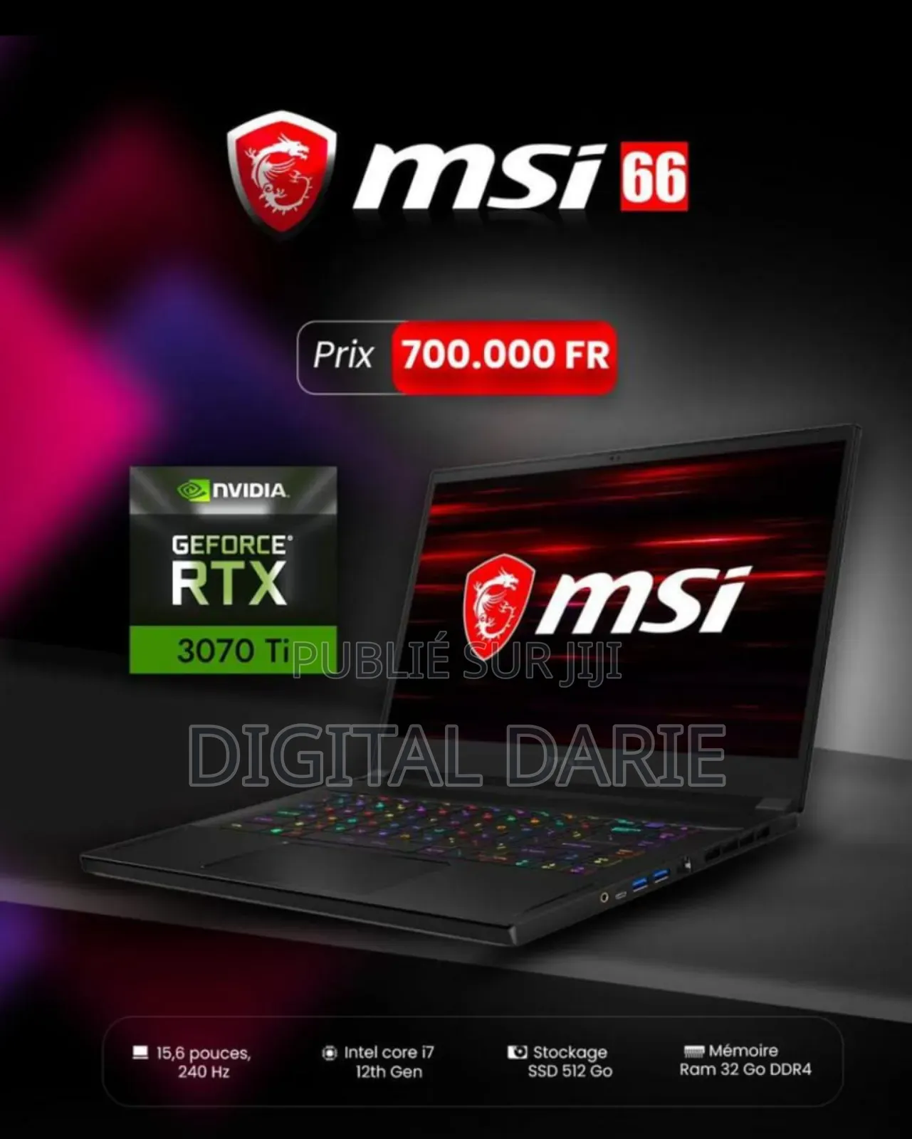 New Ordinateur Portable MSI GE66 Raider 32GB Intel Core I7 SSD 512GB