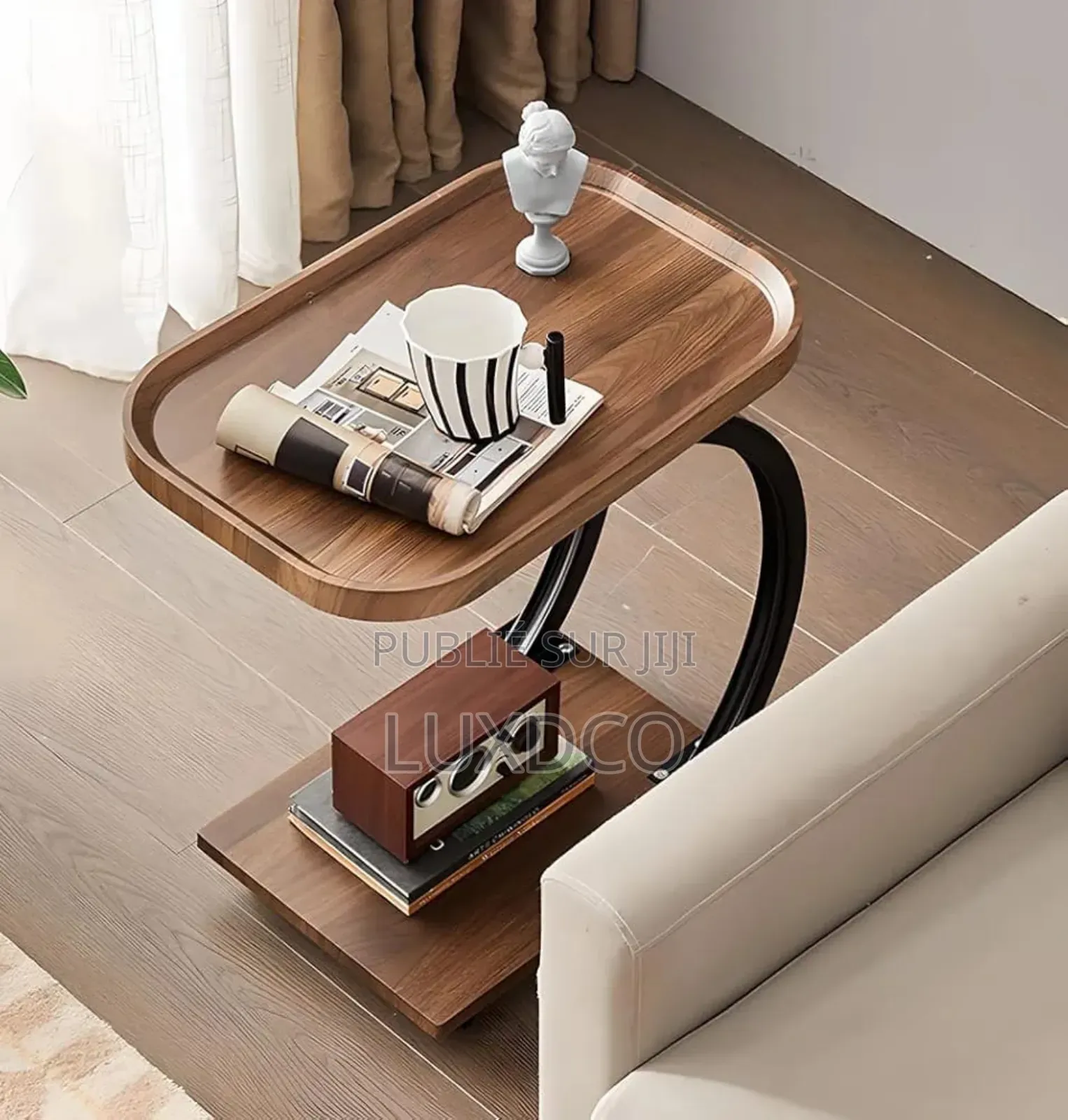 Table d'Appoint en Forme De C, Table De Chevet Avec 4 Roues