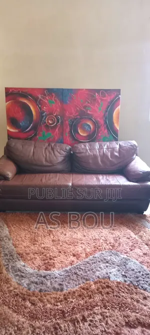 Salon Cuire Marron Bon Etat Avec Grand Tapis Et 2 Tableau