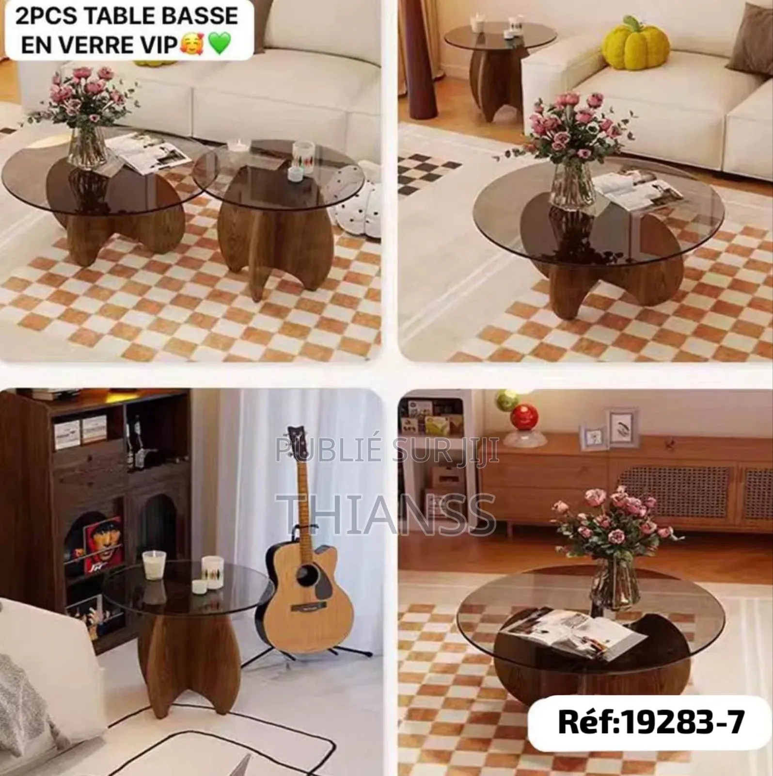 Ensemble Table 2 Basse Ronde Avec Plateau en Verre Et Basse en Bois