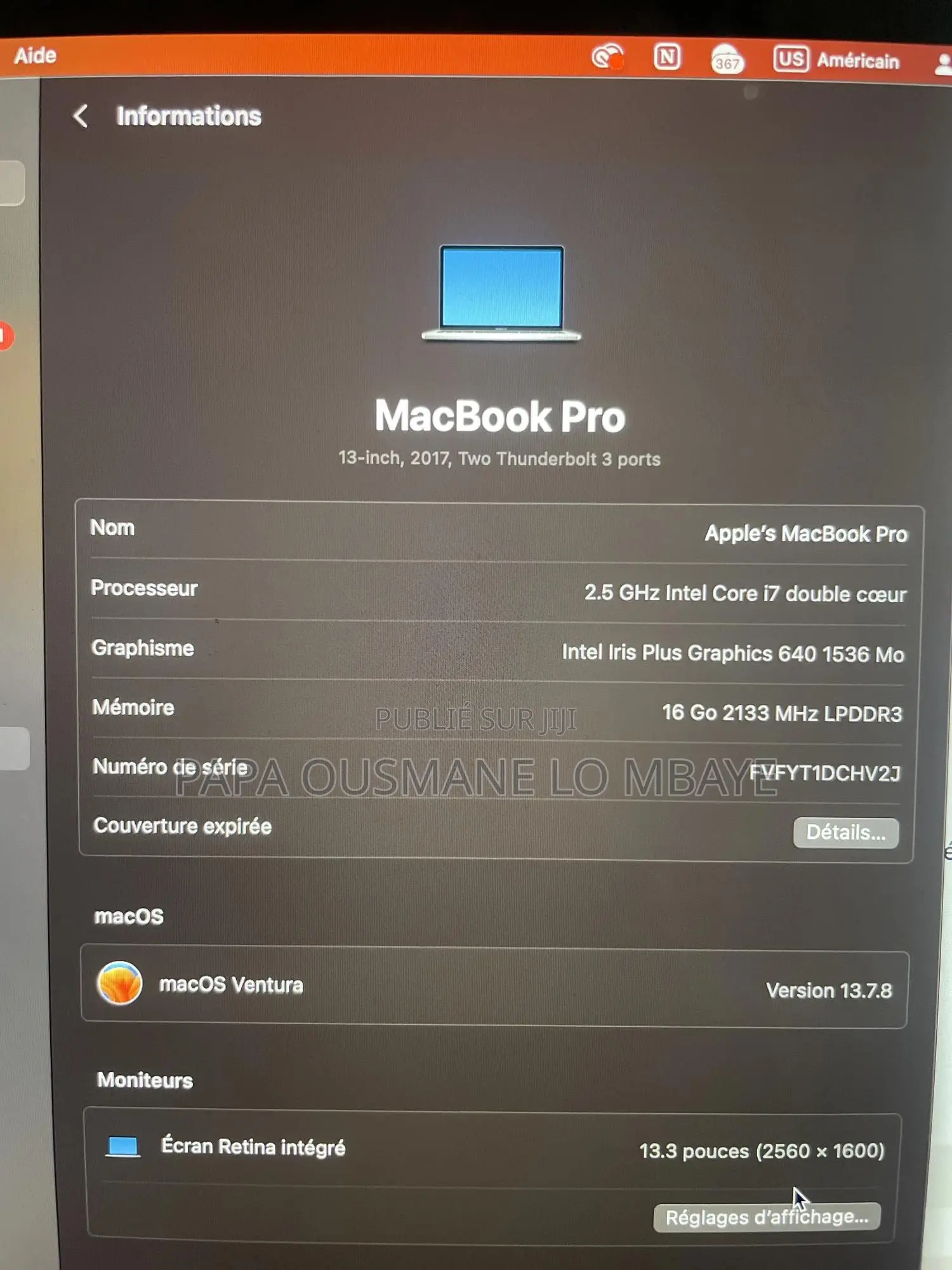 Ordinateur portable Apple MacBook Pro 2017 16GB Intel Core i7 SSD 256GB