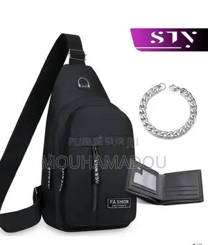 Sac À Poitrine Pour Homme +Bracelet + Porte Feuilles