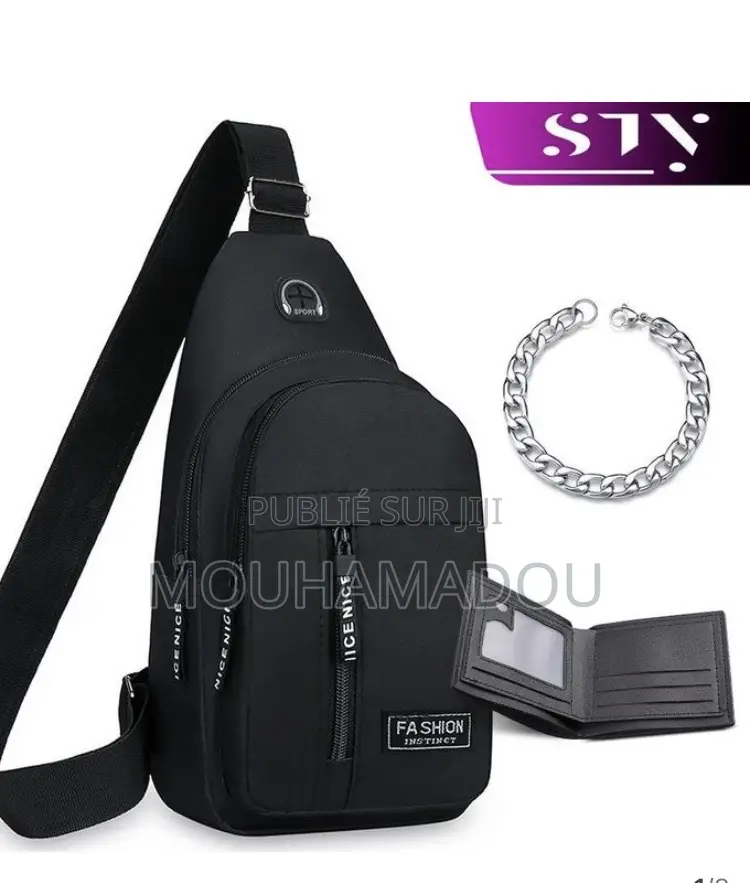 Sac À Poitrine Pour Homme +Bracelet + Porte Feuilles