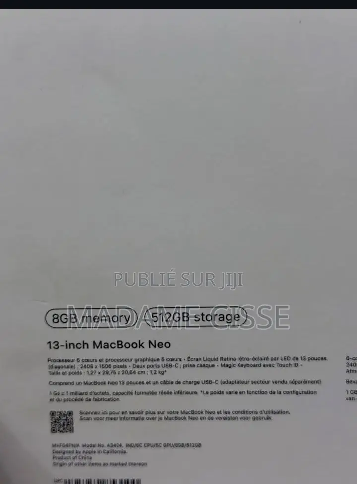 Nouveau Ordinateur portable Apple MacBook Neo 2026 8GB Autre SSD 512GB