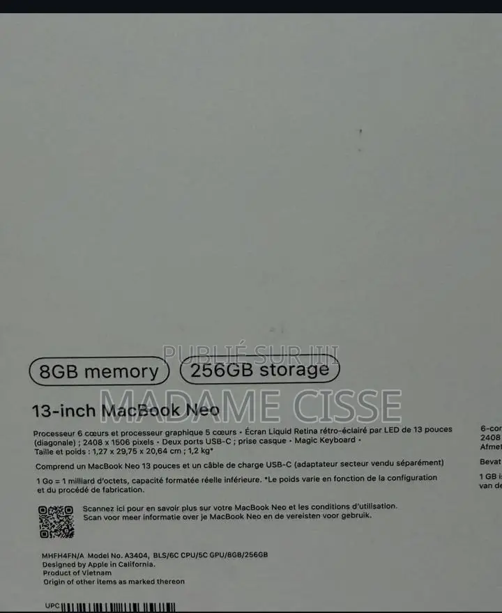 Nouveau Ordinateur portable Apple MacBook Neo 2026 8GB Autre SSD 256GB