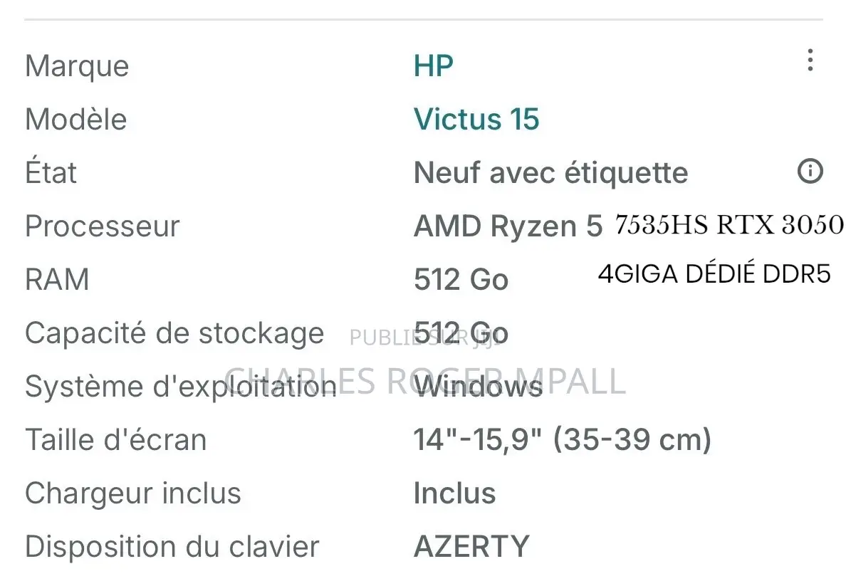 Nouveau Ordinateur portable HP Victus 15 16GB AMD Ryzen 5 SSD 512GB